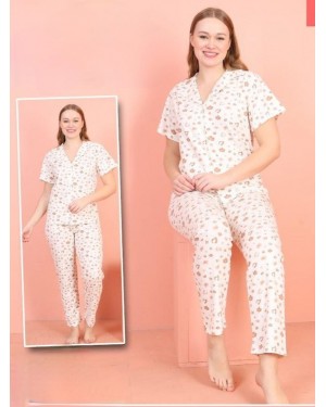Sprinkled Floral V Neck Buttoned Short Sleeve Pajama Set -Ecru