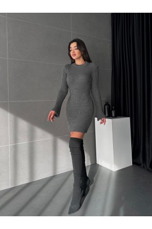 فستان تريكو بأكمام إسبانية وياقة دائرية -لون مدخن