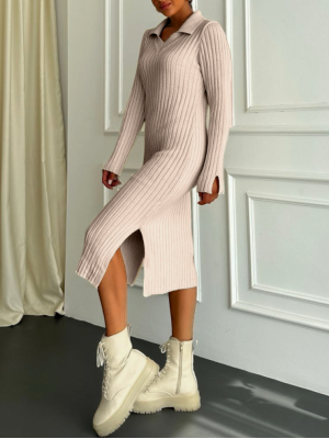 Slit Wide Collar Knitwear Dress  -Light Mink
