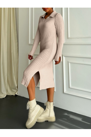 Yırtmaçlı Geniş Yakalı Triko Elbise  -Açık Vizon