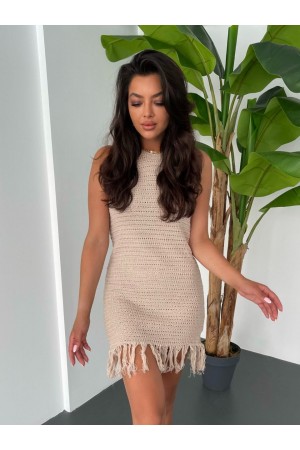 فستان تريكو بدون أكمام مع تنورة شرابة -تدرجات البيج