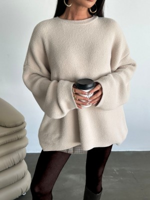 Bisiklet Yaka Yumoş Sakal Triko Kazak -Bej