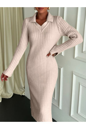 فستان تريكو ذو فتحة واسعة  -بيج كاشف