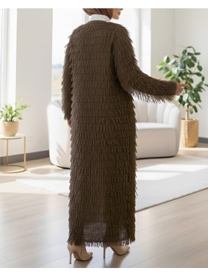 Saçaklı Uzun Triko Hırka -Kahve