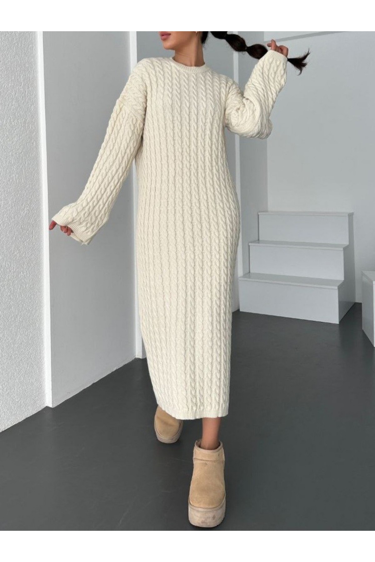 Hair Knit Sweater Dress -Ecru