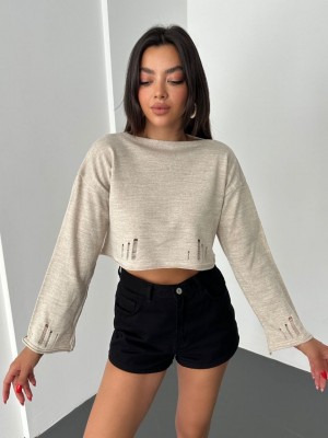 Kayık Yaka Triko Crop -Taş