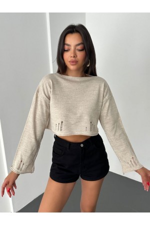 Kayık Yaka Triko Crop -Taş