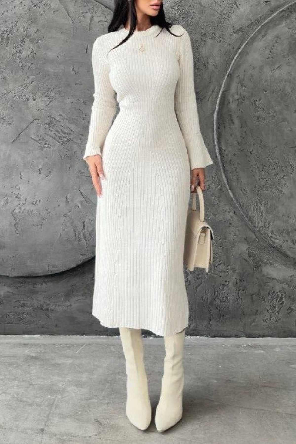 Round Neck Spanish Sleeve Knit Dress -Ecru