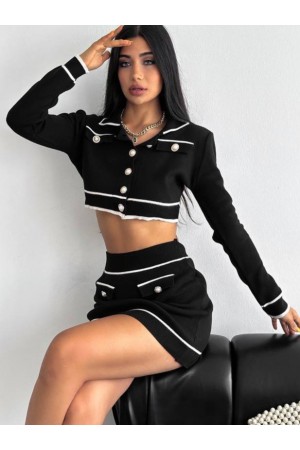 Cep Detaylı İnci Düğmeli Triko Crop Takım -Siyah