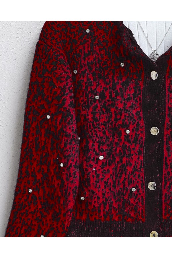 Soft Cardigan with Metal Buttons and Stone Detail -Red
