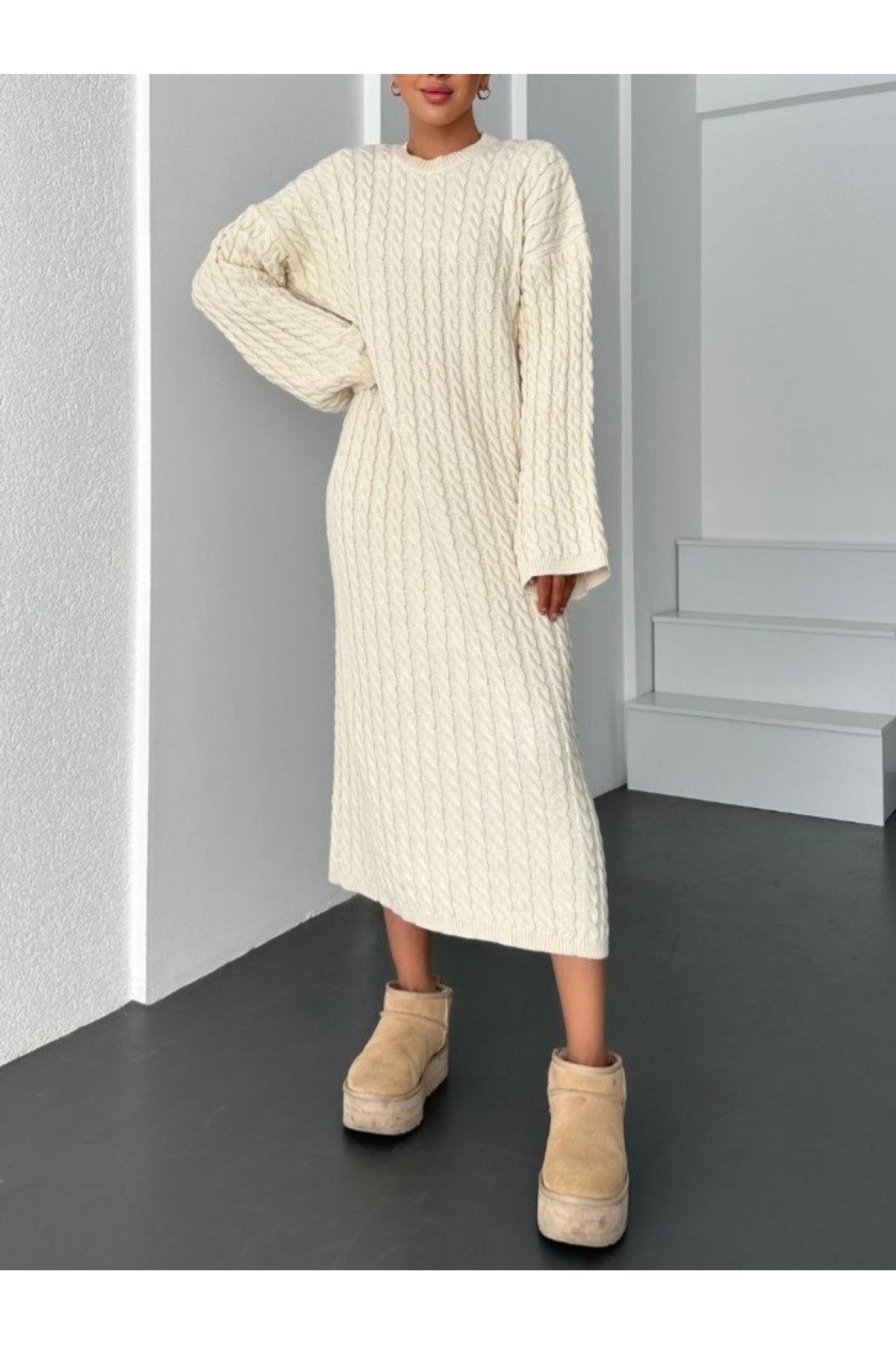 Hair Knit Sweater Dress -Ecru