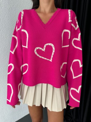 V-neck Stone Knitwear Sweater -Fuchsia