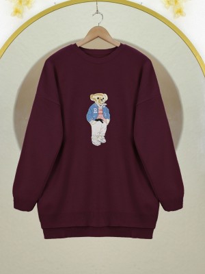 Ayıcık İşlemeli Arkası Uzun Triko Kazak  -Bordo