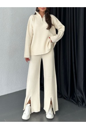 Half-Neck Corded Knitwear Suit -Ecru