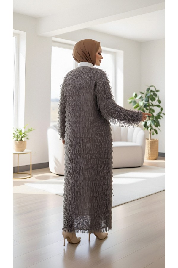 Fringed Long Knit Cardigan - Soil