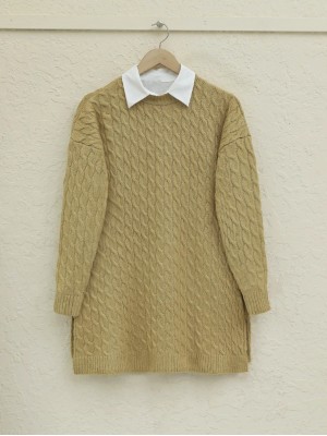 Yuvarlak Yaka Saç Örgü Yırtmaçlı Triko Tunik -Vizon