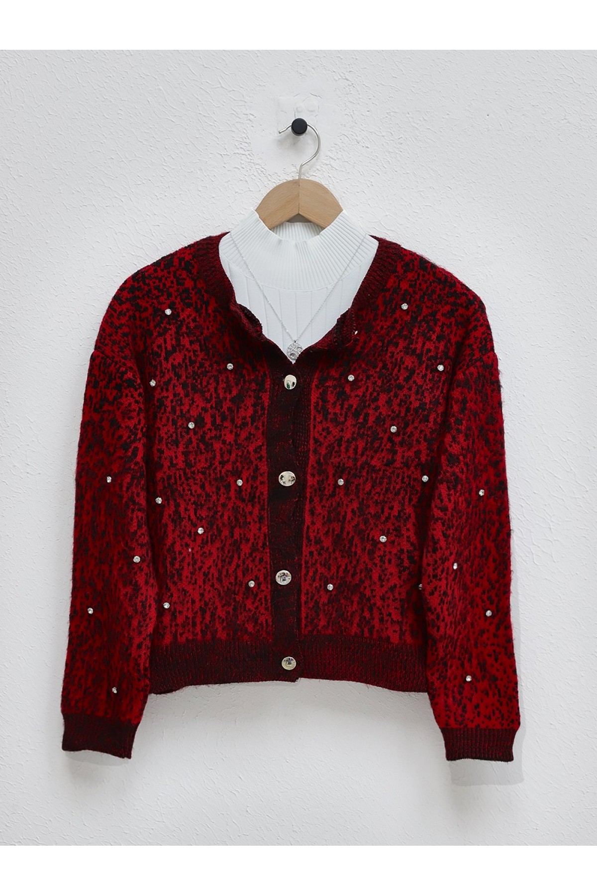 Soft Cardigan with Metal Buttons and Stone Detail -Red