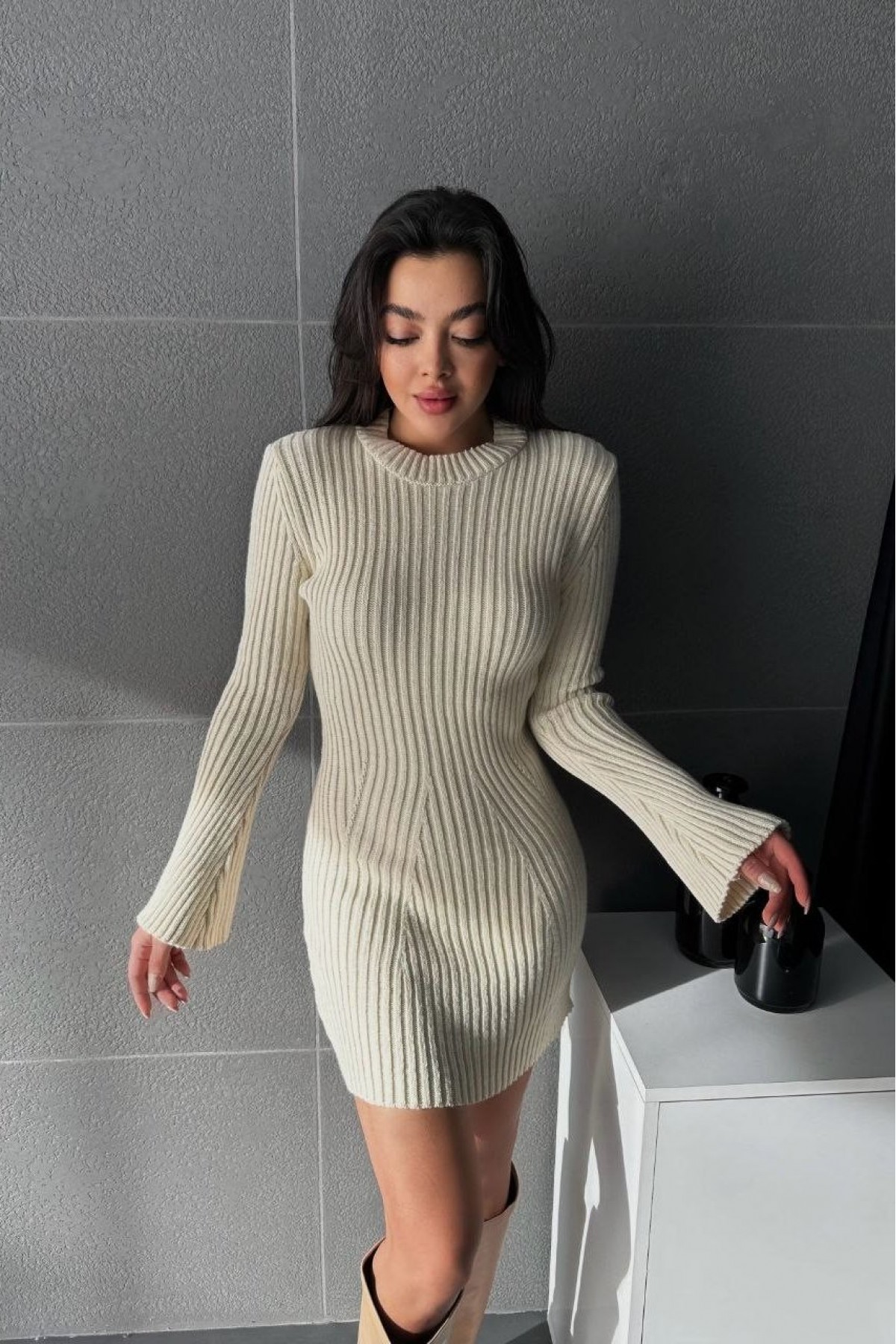 Spanish Sleeve Crew Neck Knitwear Dress -Stone