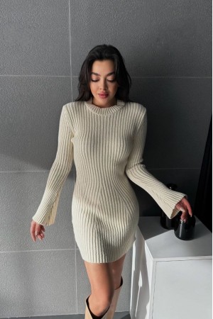 İspanyol Kol Bisiklet Yaka Triko Elbise -Taş