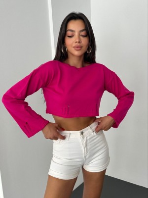 Kayık Yaka Triko Crop -Fuşya