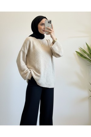 Pompom Textured Loose Knit Sweater -Light Mink