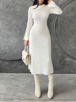 Round Neck Spanish Sleeve Knit Dress -Ecru