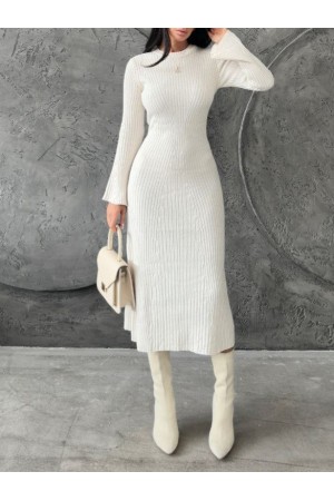 Yuvarlak Yaka İspanyol Kol Triko Elbise -Ekru