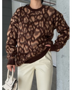 Leopard Patterned Round Neck Raised Knit Tunic -Brown