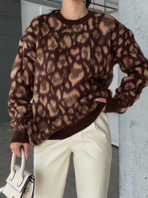 Leopar Desenli Yuvarlak Yaka Şardonlu Triko Tunik -Kahve