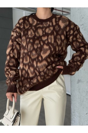 Leopar Desenli Yuvarlak Yaka Şardonlu Triko Tunik -Kahve