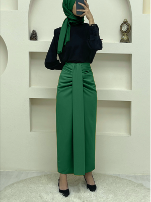 Önü Drapeli Pileli Etek -Yeşil