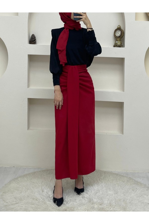 Front Draped Pleated Skirt -Red