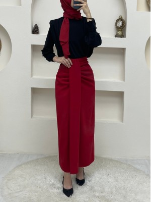 Önü Drapeli Pileli Etek -Kırmızı