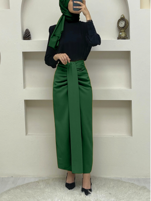 Önü Drapeli Pileli Etek -Yeşil