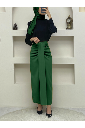Önü Drapeli Pileli Etek -Yeşil