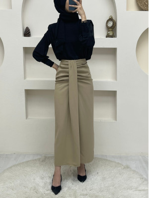 Önü Drapeli Pileli Etek -Vizon