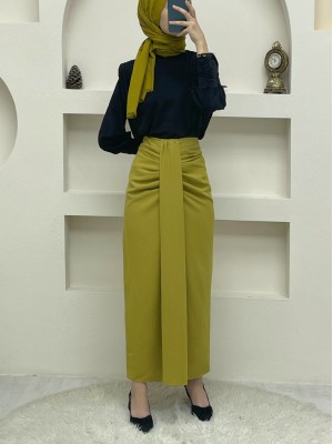 Önü Drapeli Pileli Etek -F.Yeşili