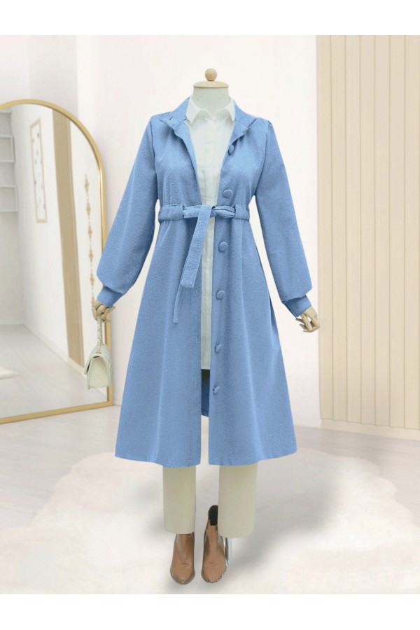 Waist-Tied, Top-Buttoned Cashmere Coat -Blue