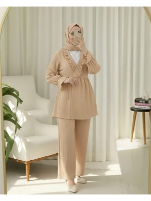 Kolu Lastikli Önü Fırfırlı Bağcıklı Krinkıl Kimono Takım -Vizon