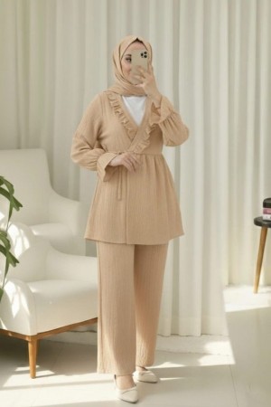 Kolu Lastikli Önü Fırfırlı Bağcıklı Krinkıl Kimono Takım -Vizon