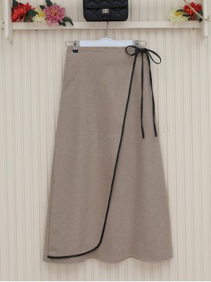 Beli Lastikli İnce Biyeli Kaşe Etek -Vizon