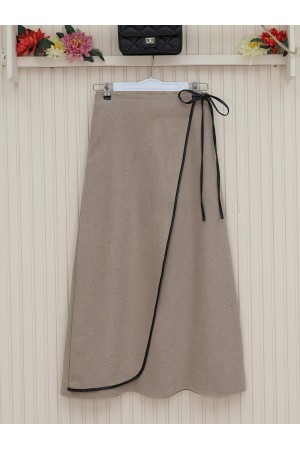 Beli Lastikli İnce Biyeli Kaşe Etek -Vizon