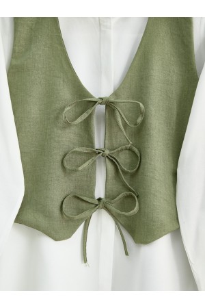 Front Tie Vest Trousers Two Piece Set -Khaki