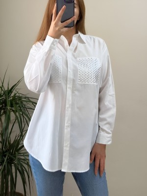 Cebi Taşlı Poplin Gömlek -Beyaz