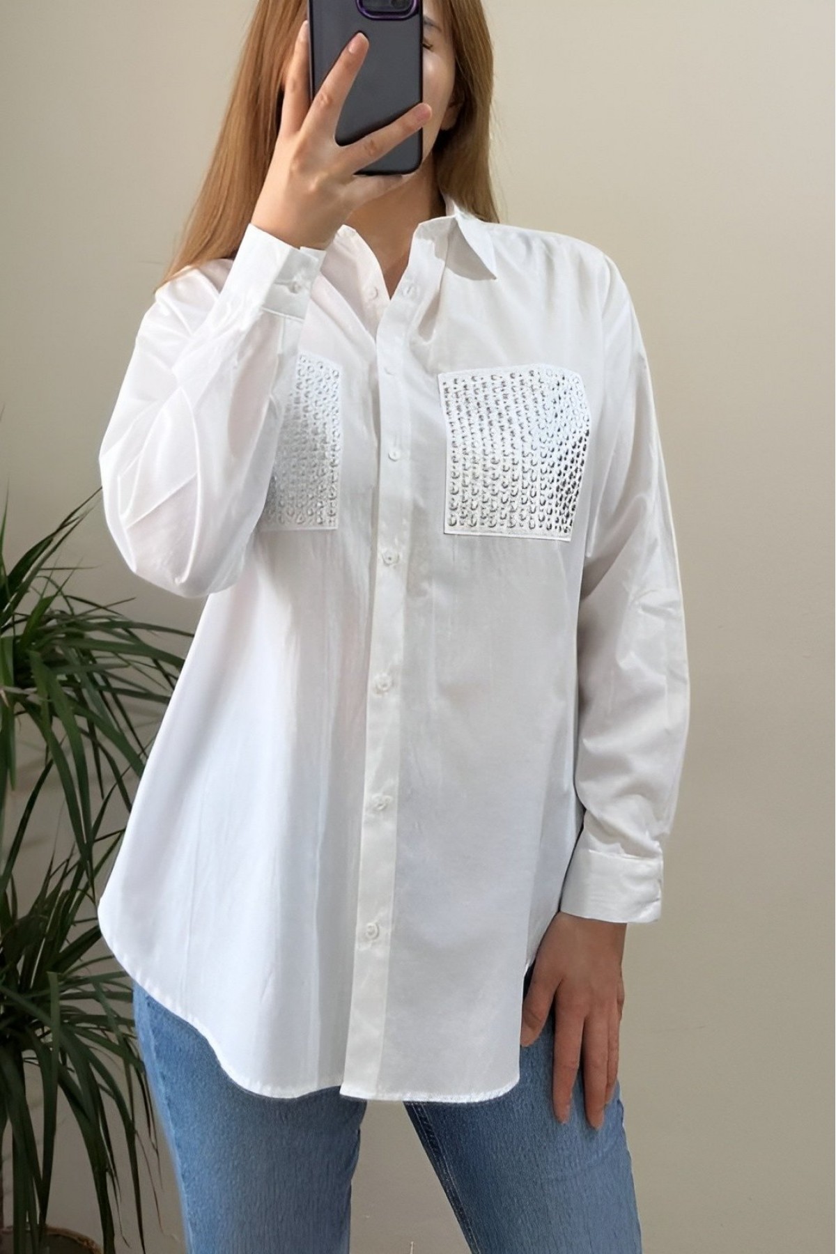 Poplin Shirt with Stone Pocket -White