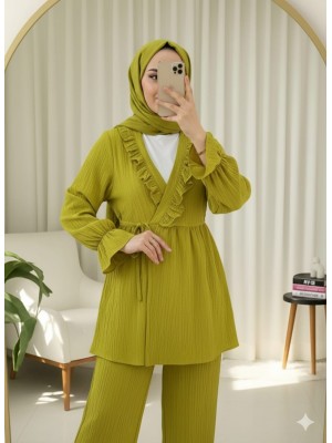 Elastic Sleeves, Ruffle Front, Laced Crinkle Kimono Set -Oil Green