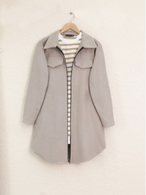 Yan Cepli Fermuarlı Kaşe Kap  -Açık Vizon