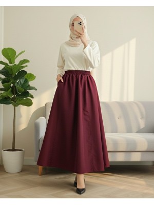 Elastic Waist Parachute Skirt with Pockets  -Maroon