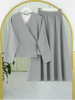 Yandan Bağlamalı Etekli Keten Takım -Gri