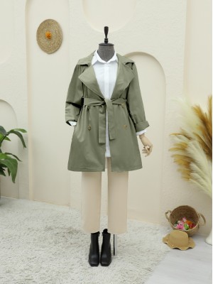 Bolero Detaylı Düğmeli Ara Boy Trençkot -Haki